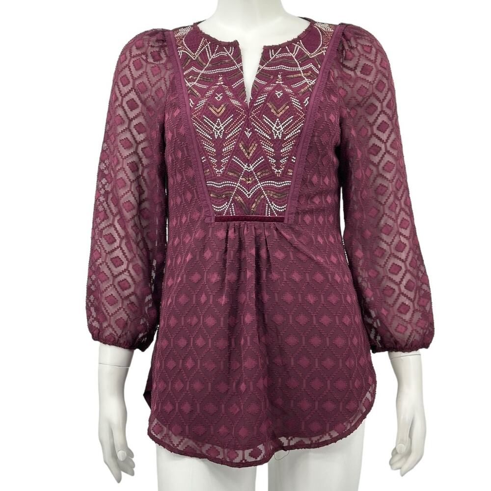 One September Anthropologie Top Women XS Madiran Peasant Embroidered Sequin Boho